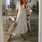 Solid Ruffles Pleated Long Party Dress Women Short Sleeve Loose Casual Dress2025 Autumn V Neck Tassel Hollow Out Dresses 211-1-Outfit