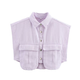 Women's Solid Color Big Pocket Sleeveless High Sense Cardigan Polo Collared Shirt Denim Top