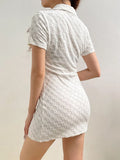 Solid Geometric Casual Mini Dress for Women Turn-down Neck Short Sleeves Slim Clothing Aesthetic Basic Chic