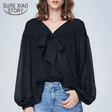 Summer Solid Shirts for Women V-neck Bow Loose Lantern Sleeve Women Blouse Casual Plus Size Office Lady Tops