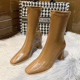 Zingj Celebrity Elastic Thin Thin Boots Female 2023 Autumn New Thick High Heel Temperament Short Boots Female White Lacquer Leather Martin Boots-Outfit