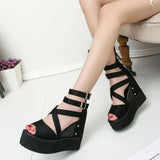 Version Of Women's High-Top Zipper Hollowed-Out Roman Sandals Muffin Thick Soles Raised Fish Mouth Slope Heels Large Size Of Women's