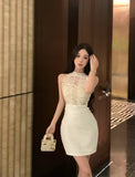 Spicy Girl Lace Stitching Dress Women Summer White Temperament Waist Sleeveless Wrap Hip Short Dress Fashion Lady