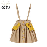 Khaki Strap Half Body Skirt Pocket Flowers Elastic High Waist Casual Fashion Baggy Ruffle Short Skirt Ladies