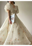 Print Long Dresses for Women 2023 New Summer French V-neck Beading Puffy Sleeve Female Clothes Elegant Party Slim