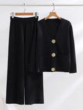 Winter New Women's Knitted Sets Fashion Large Gold Button V-Neck Sweater Wide Leg Pants Suits Thicken Knit Two Piece