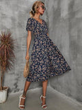 Printed Casual Beach Midi Dresses Women Summer V-neck Short Sleeve Empire Waist A-Line Dress Sundress Vestido Robes
