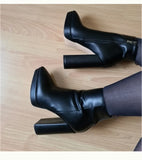 Onlymaker Women Ankle Boots Pointed Toe Black Matte Flock12CM Chunky Heel Platform Booties Party Shoes Large Size Short