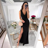 Zingj Women's Solid Color Sexy Slim V-Neck Sleeveless Slit