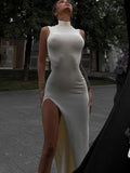 Summer Slit Maxi Dress for Women Elegant Holiday Sexy Sleeveless Club Party Tank Sundresses Solid