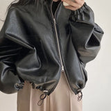 Zingj Wind Chic Autumn Niche Handsome Stand Collar Zipper Large Pocket Design Draw Rope Tie Motorcycle Leather Coat