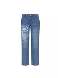Street Style Irregular Print Slacks Low Waist Pleated Washed For Old Multi-Color Jeans-Outfit