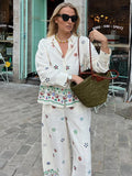 Loose Printed Wide Legs Pants Set Fashion Women's Lapel Single Breasted Shirt Suits 2024 Summer New Ladies Trendy