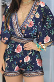 Women's Jumpsuit Casual Summer Floral Printed Playsuit 2023 Women Rompers 3/4 Sleeve Backless Playsuit Women