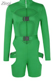 Women Bodycon Buckle Cut Out Biker Rompers Sexy Long Sleeves Hollow Out Clubwear Bodysuit One Piece Short Jumpsuit