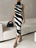 High-Neckless Sleeveless Striped Bag-Butyle Slimmed Sexy Knitted Dress