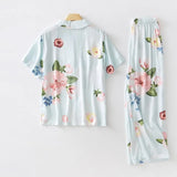 Pajamas Pants Set Viscose Peony Flower Short-sleeved Pyjamas Cardigan Print Home Clothes Suit Ropa Verano Mujer Pjs
