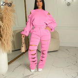 Striped print Women Fall Two piece Set Sweatshirt Zipp jacket Top Trousers Sports Baseball Uniform Workout