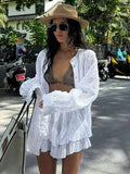 Women's Spring Hollow Out Skirt Suit Chic Long Sleeve Single Breasted Shirts Tiered Mini Skirts Set Female Summer New