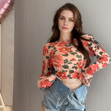 Women Slim Retro Floral Mesh T-shirt Fashion Long Sleeve Sexy Style Spring Summer Fashionable Blouses Female Thin