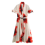 Spring Shirt-Printed Short-Sleeved Belt Dress