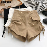 Waist short Pants Women's Summer Double Breasted Metal Decoration Fake Pocket High Street Casual Drawstring A-shaped