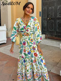 Printed Knot Cut Out Vacation Long Dress Women Long Sleeves V-neck A-line Dresses 2024 Casual Female Summer Street