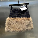 Faux Fur Patchwork Denim Mini Skirt- Outfit