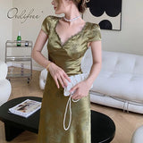 2021 Summer Women Satin Party Dress Sexy Backless Lace Up Vintage Print Lace Crochet Green Silk Long