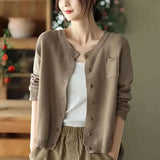 Zingj 2024 New Art Retro Cotton Thread Knit Cardigan Female Round Collar Long Sleeve Coat Fashion Casual Outside-Outfit