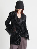2025 New V-Neck Long Sleeve Sequin Ostrich Splicing Suit