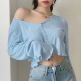 Style Women's Knitted Crop Tops Solid Sexy V-Neck Short Cardigan Mujer Loose Long Sleeve Thin Sweater Woman Top