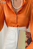Satin Long Sleeve Blouses Women 2023 Autumn Vintage Blue Green Silk Shirt Women Casual Loose Button Up Street