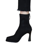 Zingj New 2024 Autumn And Winter Female Frosted Elastic High Heel Thick Heel Square Head Waterproof Platform Package Leg Thin Boots Ankle Boots High
