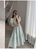Vintage Green Dress Women Elegant Square Collar Puff Sleeve Jacquard Backless Midi Dress Ladies Retro Chic Korean
