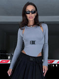 2024 New Full Sleeves Hollow School Bags Buckle False Two Pieces Skinny Bodysuit Women Stylish Casual