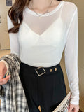Korean Fashion Mesh T-shirts Women Vintage Transparent Tops for Women Loose White Transparent Office Lady