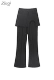Women Black High Waist Skinny Flare Pants Gothic Y2k Fake Two Pieces 2023 Slim Fit Femme Spring Stretchy Wide Leg Trousers