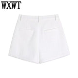 Women Elegant Solid Sets Fashion Double Breasted Cropped Blazer Suits With High Waist Textured Shorts