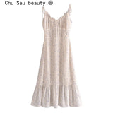 New Streetwear Chic Floral Printed Sling Midi Dress Women Fashion Casual Style Ruffles V-neck Chiffon Dresses