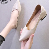 Women Leather Pumps Shoes Office Lady Med Square Heel Pointy Toe Slip On Work Shoes Classic Heel 4