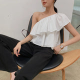 Blouses Women Solid Folds Skew Collar Crop Top Slim Thin Summer French Style Classic Gentle Design Sexy Mujer Ins