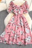 Women Sexy Floral Chiffon Dress Female Elegant V-Neck Short Sleeve High Waist A-Line Beach Vestido Casual Party Robe