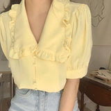 Women Blouses Solid Ruffles Sweet Short Sleeve Peter Pan Collar Tender Elegant Teens All-match Retro Ulzzang Lovely XS-3XL