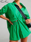 Tracksuit 2022 Shirt Shorts Two Piece Set Green Long Sleeve Top And Mini Shorts Suit Female Summer Lady Fashion