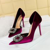 Zingj Banquet High Heels With Thick Suede Tip Side Hollow Out Metal Diamond Buckle Super High