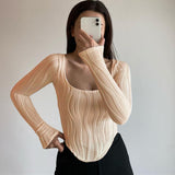 Zingj U-Neck Water Corrugated Long-Sleeved T-Shirt Autumn Popular Women's Wear Versatile Show Thin Inside The