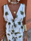 Print Hollow Lace Up Pant Sets Elegant Woman Sleeveless V-neck Drawstring Ruffles Shirt Suits Summer Lady Street