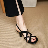 Zingj New Cross Hollowed Out Square Toe Sandals With Summer Black Heels Women's