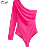 Women Fashion Solid Color Single Shoulder Pleats Asymmetrical Bodysuits Ladies Long Sleeve Playsuits Mujer Rompers